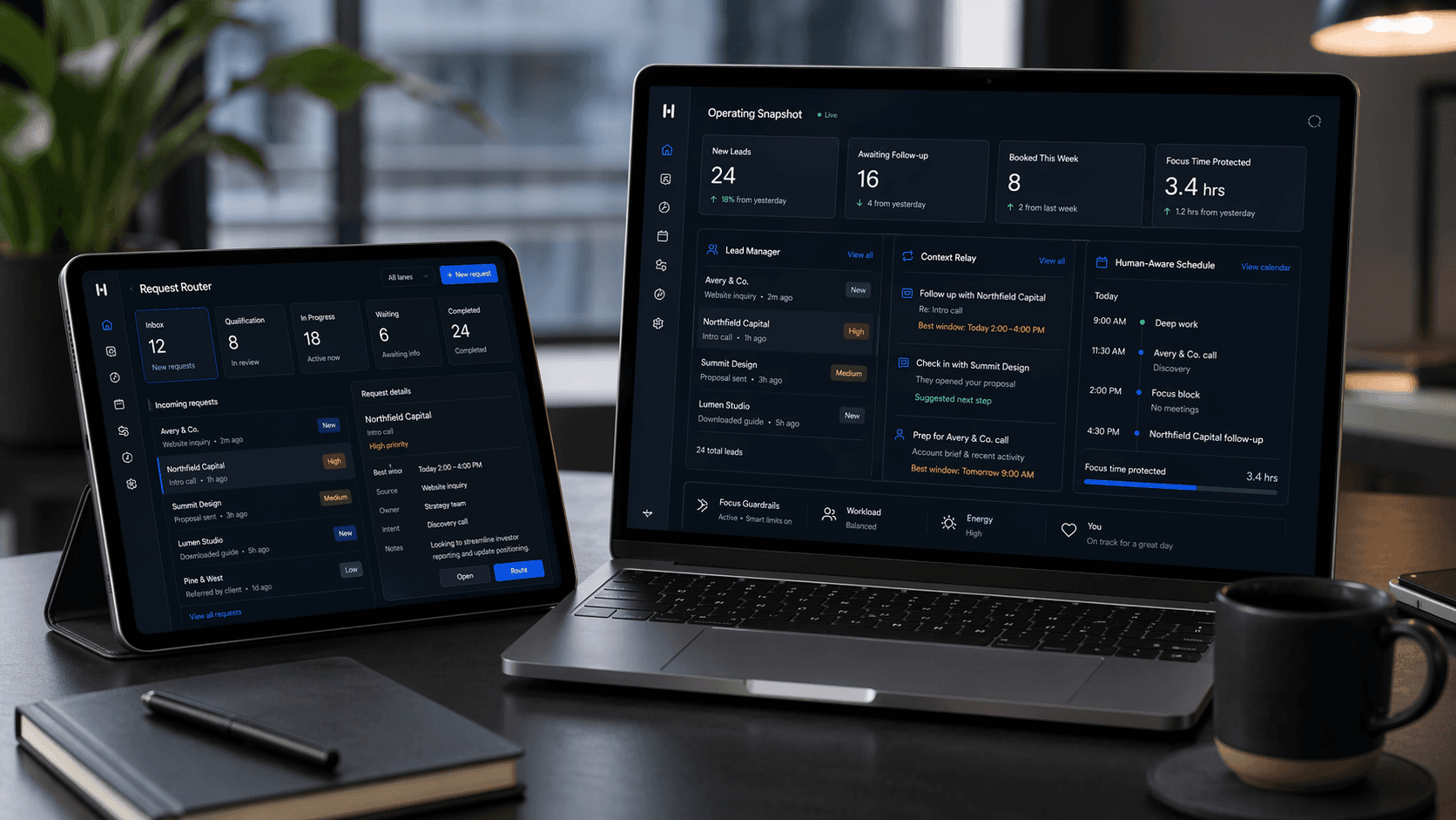 Harper Relay request routing software shown across desktop and tablet screens.